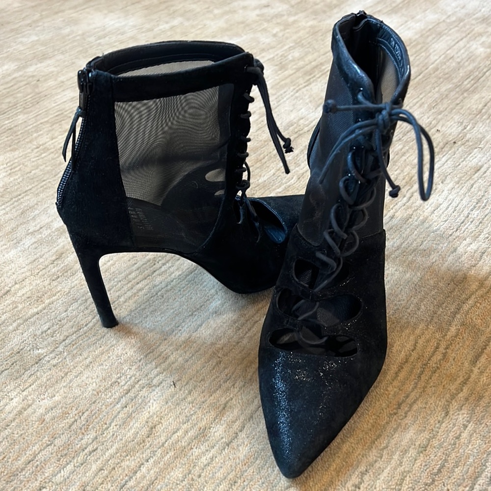 Stuart Weitzman Black Lace-Up Mesh & Suede Ankle Booties